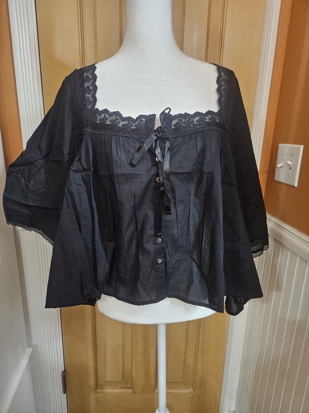 Natural Life Black Lace-Trim Peasant Blouse - Women Tops